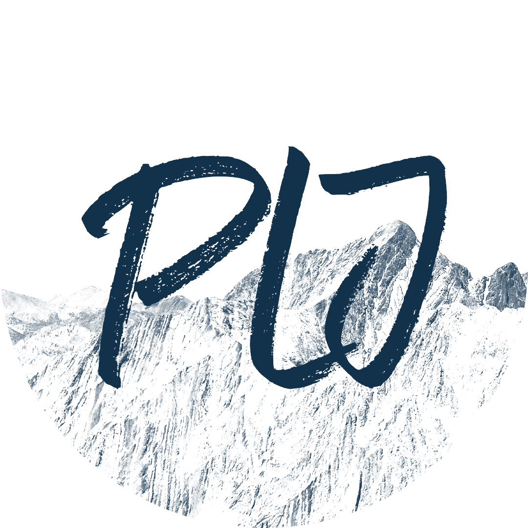 PLJ logo overlaid on detailed mountain range illustration with cool blue tones